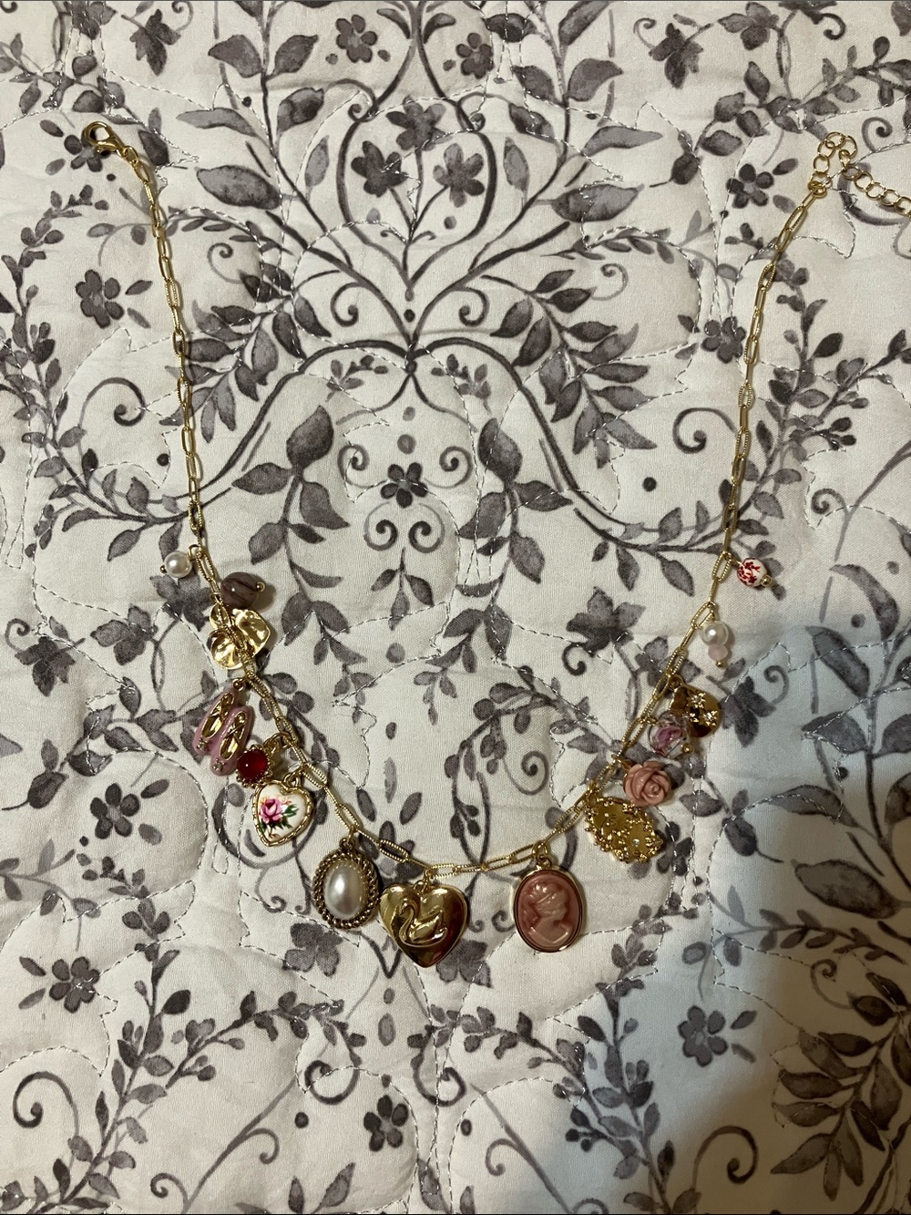 Francesca's Collections Gold-Tone Charm Necklace with Pink and Pearl Accents
